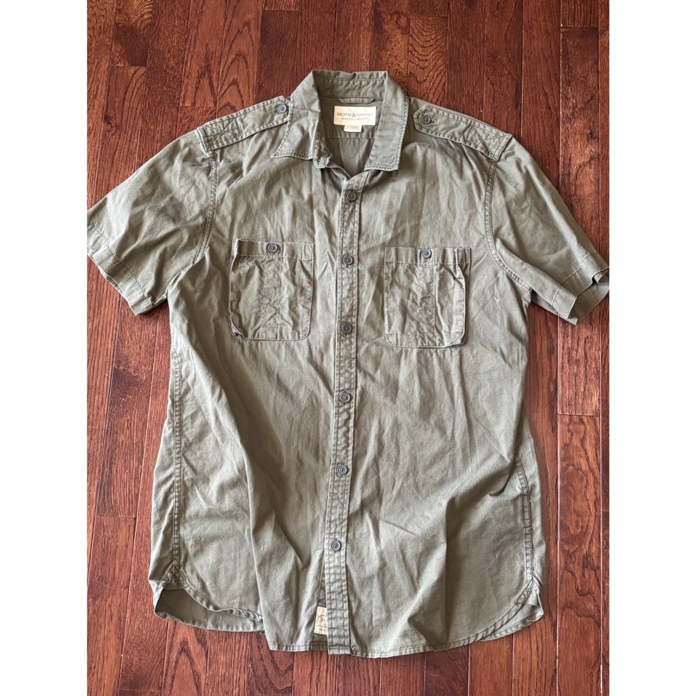 Denim & Supply Ralph Lauren Shirt Men L Olive Military Utility Epaulet Cotton